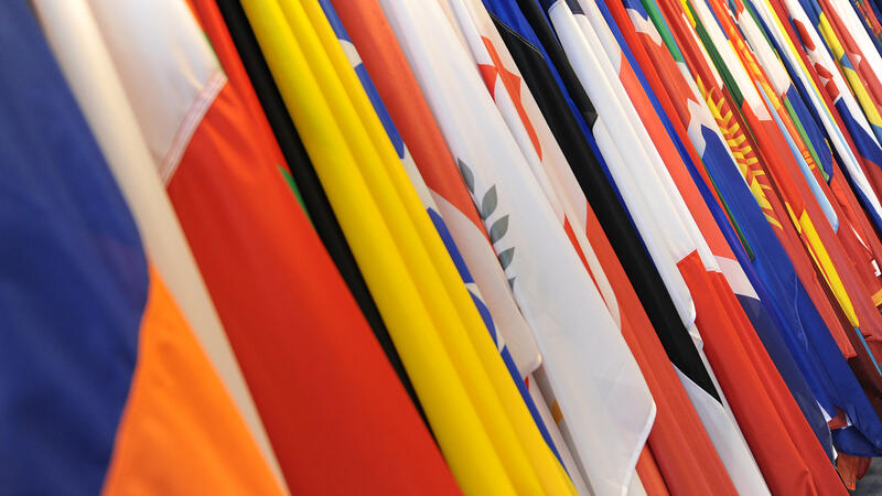 Close-up shot of the OSCE participating States' flags.