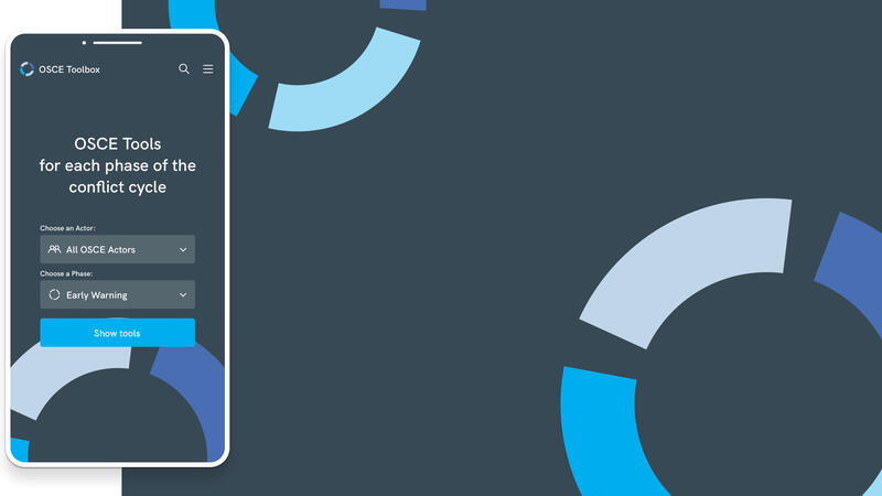 Graphical visual showing the OSCE Toolbox interface for selecting tools by actor and conflict phase, with a modern design.