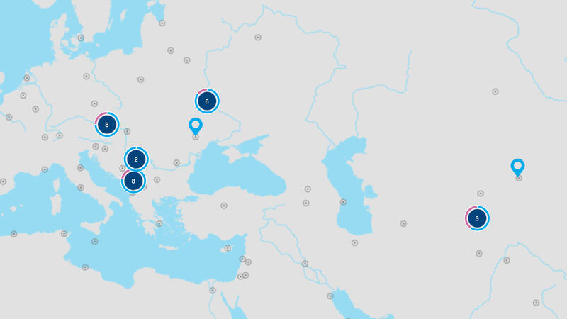 Map highlighting several locations in Europe and Asia with blue markers.