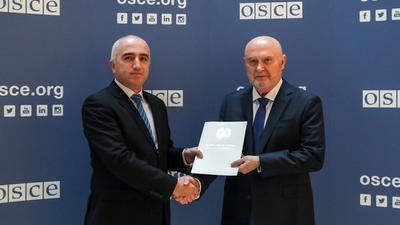 H.E. Manuchehr Jobir, Ambassador and Permanent Representative of Tajikistan, with the OSCE Secretary General Feridun H. Sinirlioğlu, Vienna, 5 January 2025.