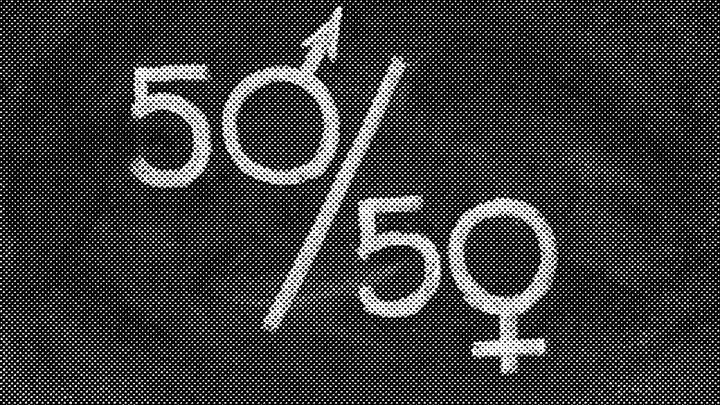 A division of 50 by 50, with the zero of the first 50 representing a male sign, while the other one a female one.